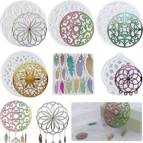 قوالب سيليكون من Woohome Dreamcatcher لراتنجات الإيبوكسي، قوالب راتنج صائد الأحلام، طقم سلسلة مفاتيح على شكل ريش للتعليق على الحائط مع حلقات قفز، سلسلة لتزيين المنزل الحرفي in Kuwait