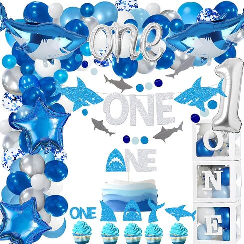 لافتة زينة لحفلات اعياد الميلاد الاول بتصميم سمكة قرش، لافتة لتزيين الكيك والكب كيك وبالونات القرش تحت البحر/القرش الصغير/حيوانات المحيط بطابع القرش وحفلات استقبال المولود الاول in Kuwait