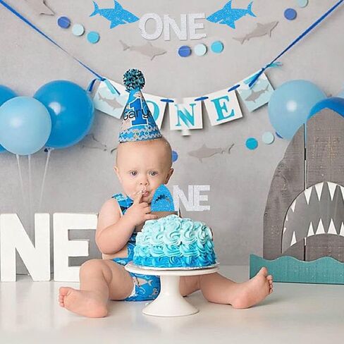 لافتة زينة لحفلات اعياد الميلاد الاول بتصميم سمكة قرش، لافتة لتزيين الكيك والكب كيك وبالونات القرش تحت البحر/القرش الصغير/حيوانات المحيط بطابع القرش وحفلات استقبال المولود الاول in Kuwait