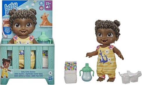 Baby Alive Baby Gotta Bounce Doll, Kangaroo Outfit, Bounces with 25+ SFX and Giggles, Drinks and Wets, Black Hair Toy for Kids Ages 3 and Up in Saudi Arabia