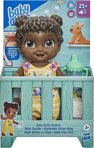Baby Alive Baby Gotta Bounce Doll, Kangaroo Outfit, Bounces with 25+ SFX and Giggles, Drinks and Wets, Black Hair Toy for Kids Ages 3 and Up in Saudi Arabia