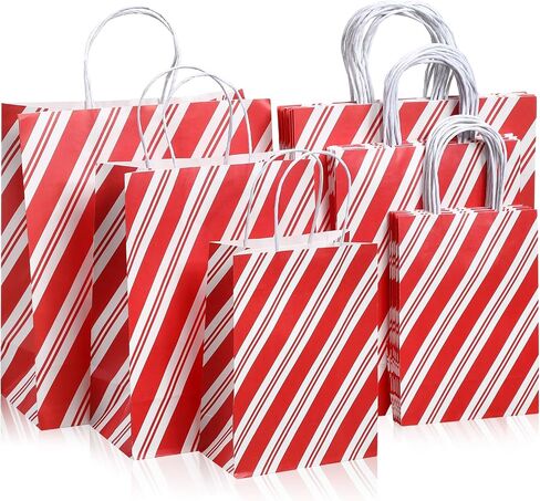 Qilery 24 Pcs Christmas Wrapped Treat Bags with Handles Assorted Sizes Gift Bags Shopping Kraft Bags Candy Cane Striped Paper Gift Bags for Business, Christmas, Party Favor Supplies, 3 Sizes in Saudi Arabia