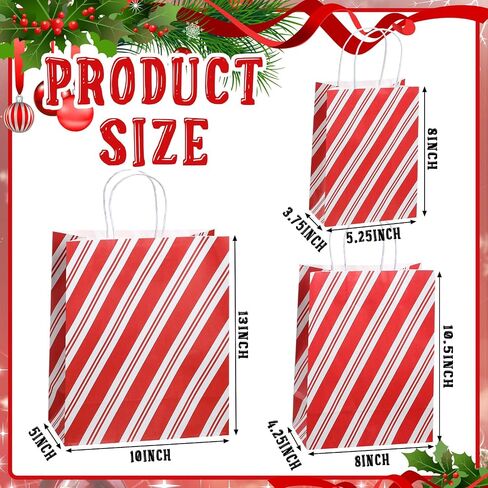Qilery 24 Pcs Christmas Wrapped Treat Bags with Handles Assorted Sizes Gift Bags Shopping Kraft Bags Candy Cane Striped Paper Gift Bags for Business, Christmas, Party Favor Supplies, 3 Sizes in Saudi Arabia