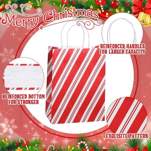 Qilery 24 Pcs Christmas Wrapped Treat Bags with Handles Assorted Sizes Gift Bags Shopping Kraft Bags Candy Cane Striped Paper Gift Bags for Business, Christmas, Party Favor Supplies, 3 Sizes in Saudi Arabia