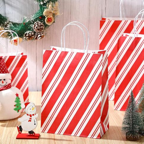 Qilery 24 Pcs Christmas Wrapped Treat Bags with Handles Assorted Sizes Gift Bags Shopping Kraft Bags Candy Cane Striped Paper Gift Bags for Business, Christmas, Party Favor Supplies, 3 Sizes in Saudi Arabia