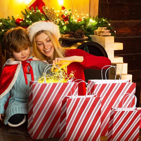Qilery 24 Pcs Christmas Wrapped Treat Bags with Handles Assorted Sizes Gift Bags Shopping Kraft Bags Candy Cane Striped Paper Gift Bags for Business, Christmas, Party Favor Supplies, 3 Sizes in Saudi Arabia