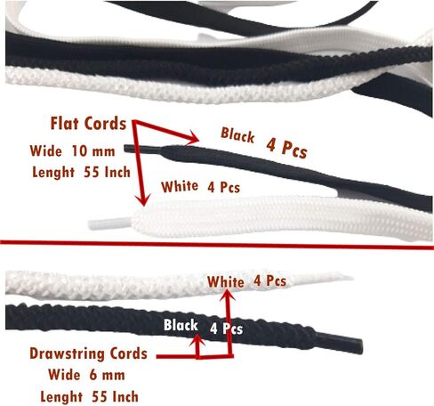 Flat Drawstring Replacement Cords 8 Pcss - Wide 10mm X 55 Inch Black, White for Hoodie, Sweatpants, Sweatshirt, Shorts, Pants Exercise, Jackets, Coats, Boots, Sneaker, Shoe Laces, Tote, Bags in Kuwait