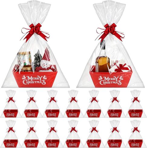 Cholemy 24 Set Christmas Gift Baskets Empty With Handles Including 24 Pcs Red Empty Cardboard Basket 24 Pcs Plastic Bags and 24 Pcs Bows for Christmas Party Holiday Gift Wrapping in Saudi Arabia