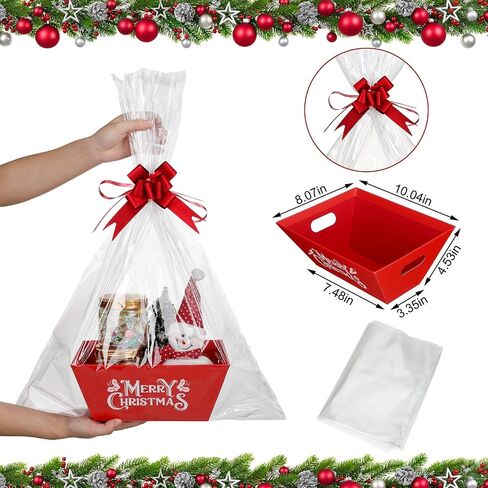 Cholemy 24 Set Christmas Gift Baskets Empty With Handles Including 24 Pcs Red Empty Cardboard Basket 24 Pcs Plastic Bags and 24 Pcs Bows for Christmas Party Holiday Gift Wrapping in Saudi Arabia