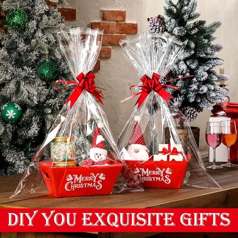 Cholemy 24 Set Christmas Gift Baskets Empty With Handles Including 24 Pcs Red Empty Cardboard Basket 24 Pcs Plastic Bags and 24 Pcs Bows for Christmas Party Holiday Gift Wrapping in Saudi Arabia