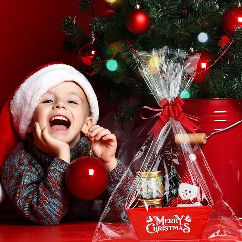 Cholemy 24 Set Christmas Gift Baskets Empty With Handles Including 24 Pcs Red Empty Cardboard Basket 24 Pcs Plastic Bags and 24 Pcs Bows for Christmas Party Holiday Gift Wrapping in Saudi Arabia