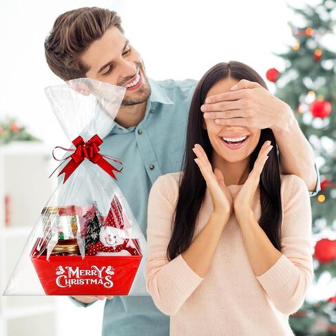 Cholemy 24 Set Christmas Gift Baskets Empty With Handles Including 24 Pcs Red Empty Cardboard Basket 24 Pcs Plastic Bags and 24 Pcs Bows for Christmas Party Holiday Gift Wrapping in Saudi Arabia