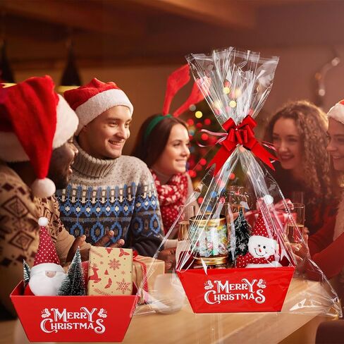 Cholemy 24 Set Christmas Gift Baskets Empty With Handles Including 24 Pcs Red Empty Cardboard Basket 24 Pcs Plastic Bags and 24 Pcs Bows for Christmas Party Holiday Gift Wrapping in Saudi Arabia