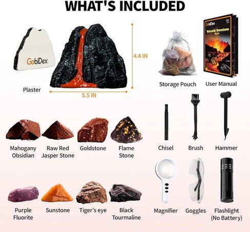 GobiDex Volcano Gemstone Dig Kit - Science Kits for Kids Ages 6-12, Dig for Flame Stone, Collection Real Raw Stones, STEM Activities Gemstone Toys, Great Educational Geology Gifts for Boys and Girls in Kuwait