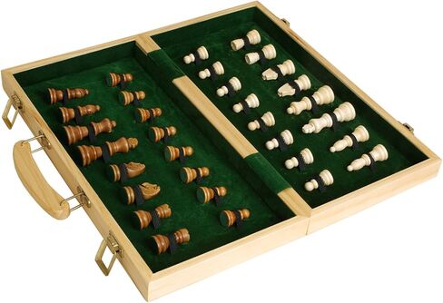 STERLING Games 16" Solid Wooden Chess Set Travel Folding Board with Brass Locks and Felted Interior Storage with Piece Holders in Saudi Arabia