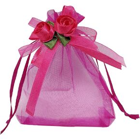 50pcs Sheer Organza Favor Bags for Wedding 3.8x4.8'' Gift Bags Samples Display Drawstring Rose Pouches (White)