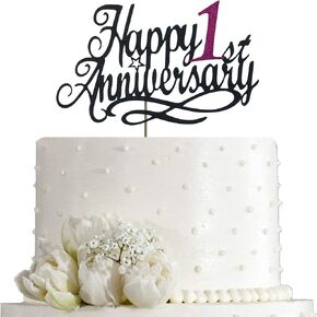 Happy 1st Anniversary Cake Topper, 1st Wedding Anniversary, Company 1st Anniversary, 1st / First Birthday Party Decoration, Double-sided Black Glitter