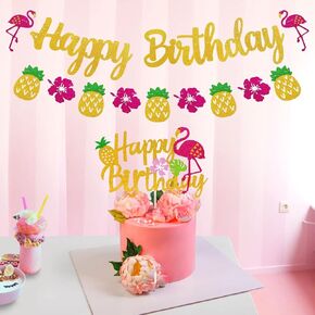 Hawaiian Flamingo Happy Birthday Decorations Banner and Cake Topper Marwey Pineapple Palm Leaf Tropical Party Supplies Pink Glitter Décor