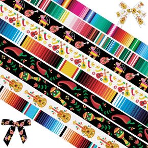 9 لفات فييستا الشريط 3/8 "المكسيكية Serape Grosgrain أشرطة ملونة قوس قزح المشارب بيناتا الصبار الغيتار زهرة الفلفل الحار شريط الزخرفية لسينكو دي مايو فييستا الطرف المكسيكي موضوع الحزب الأحداث