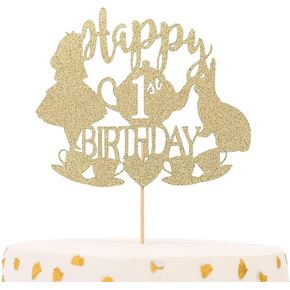 غلاف كعكة أليس في بلاد العجائب - لوازم كعكة لامعة ذهبية لديكورات حفلات عيد الميلاد الأول، مغامرات أليس في بلاد العجائب/الأرنب/مستلزمات حفلات الشاي لتزيين الكعك (غطاء الكعكة الأول) in Kuwait