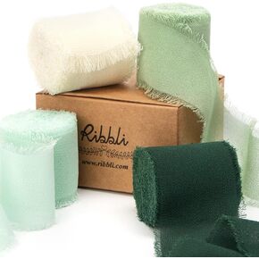Ribbli 4 Rolls Dusty Blue Chiffon Ribbon Set,Handmade Fringe Silk Ribbon Gauze,1.5 in x 5Yd Each,Ivory/Pastel Blue/Dusty Blue/Dark Blue Ribbon for Wedding Invitations, Bridal Bouquets Wrapping