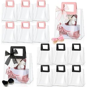 Fulmoon 12 Pcs Clear Gift Bag with Handle and Sheer Ribbon Reusable Transparent PVC Gift Bag for Bridal Party, Baby Shower, Wedding, Birthday, 7 x 4 x 8 Inch(Pink)