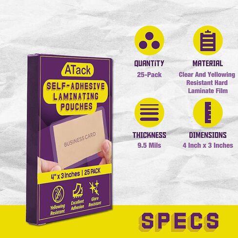 ATack Self-Sealing Laminating Pouches Business Card Size, 9.5 Mil and Hard Self Laminating Business Cards Pouch (Pack of 25) in Kuwait