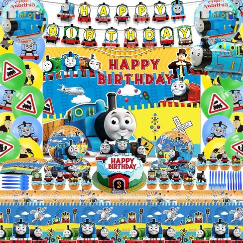 119Pcs Birthday Party Supplies, Cartoon Train Birthday Party Supplies Party Decorations, Include Banner, Cake Topper, Balloon, Backdrop in Kuwait