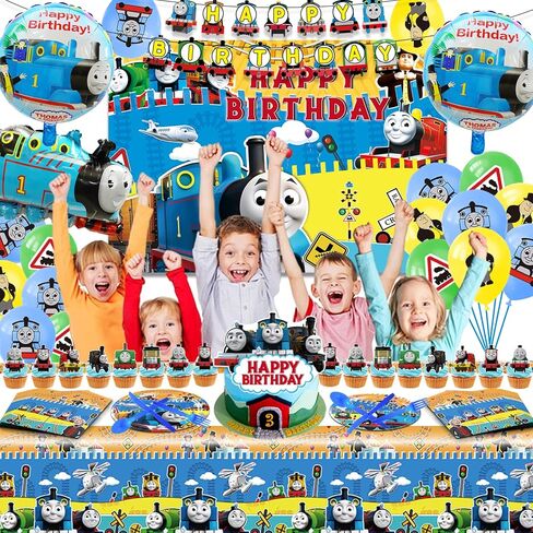 119Pcs Birthday Party Supplies, Cartoon Train Birthday Party Supplies Party Decorations, Include Banner, Cake Topper, Balloon, Backdrop in Kuwait