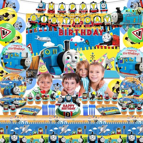 119Pcs Birthday Party Supplies, Cartoon Train Birthday Party Supplies Party Decorations, Include Banner, Cake Topper, Balloon, Backdrop in Kuwait