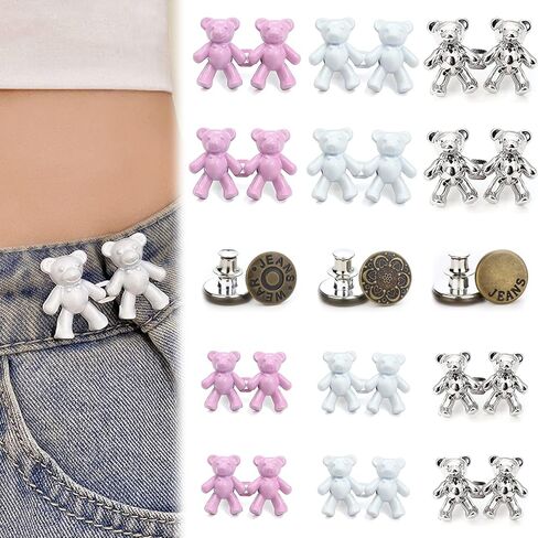 مجموعة 15 قطعة من دبابيس زر الجينز، دبوس معدني لطيف على شكل دب لشد الخصر، بدون خياطة موسع مشبك الخصر قابل للتعديل، زر بنطلون قابل لإعادة الاستخدام للجينز الفضفاض، استبدال زر الجينز المشدود in Kuwait