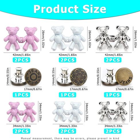 مجموعة 15 قطعة من دبابيس زر الجينز، دبوس معدني لطيف على شكل دب لشد الخصر، بدون خياطة موسع مشبك الخصر قابل للتعديل، زر بنطلون قابل لإعادة الاستخدام للجينز الفضفاض، استبدال زر الجينز المشدود in Kuwait