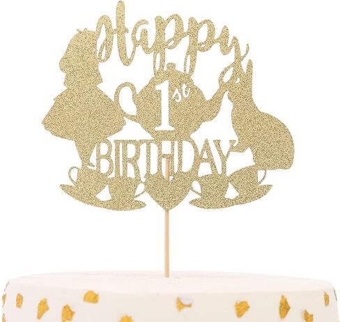 غلاف كعكة أليس في بلاد العجائب - لوازم كعكة لامعة ذهبية لديكورات حفلات عيد الميلاد الأول، مغامرات أليس في بلاد العجائب/الأرنب/مستلزمات حفلات الشاي لتزيين الكعك (غطاء الكعكة الأول) in Kuwait