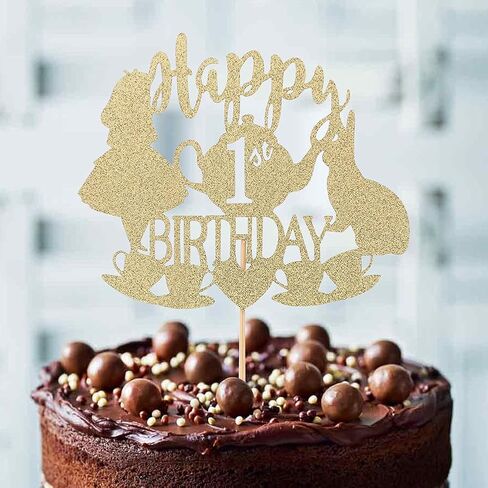 غلاف كعكة أليس في بلاد العجائب - لوازم كعكة لامعة ذهبية لديكورات حفلات عيد الميلاد الأول، مغامرات أليس في بلاد العجائب/الأرنب/مستلزمات حفلات الشاي لتزيين الكعك (غطاء الكعكة الأول) in Kuwait