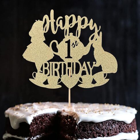 غلاف كعكة أليس في بلاد العجائب - لوازم كعكة لامعة ذهبية لديكورات حفلات عيد الميلاد الأول، مغامرات أليس في بلاد العجائب/الأرنب/مستلزمات حفلات الشاي لتزيين الكعك (غطاء الكعكة الأول) in Kuwait