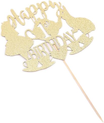 غلاف كعكة أليس في بلاد العجائب - لوازم كعكة لامعة ذهبية لديكورات حفلات عيد الميلاد الأول، مغامرات أليس في بلاد العجائب/الأرنب/مستلزمات حفلات الشاي لتزيين الكعك (غطاء الكعكة الأول) in Kuwait