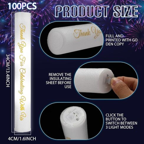 100 قطعة من عصي الإسفنج LED المتوهجة باللون الأبيض من Motionchic، عصا توهج مضيئة لحفلات الزفاف مع 3 أوضاع وامضة مضيئة لحفلات الزفاف والكرنفال والحفلات الموسيقية المتوهجة في الظلام in Kuwait