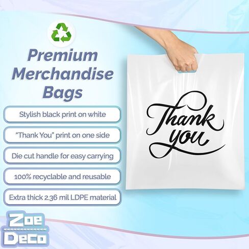 Zoe Deco Thank You Bags for Retail Merchandise (Black, 16x18 inch, 100 Count), 1.77 mil Thick Reusable Boutique Shopping Bags/Goodie Bags/Gift Bags in Kuwait