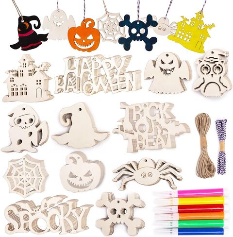 Shindel Halloween Wood Ornaments, 72PCS Unfinished Wood Cutouts Blank Wood Ornaments for Halloween Hanging Decorations Gifts in Saudi Arabia