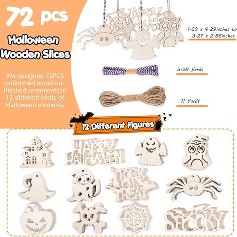 Shindel Halloween Wood Ornaments, 72PCS Unfinished Wood Cutouts Blank Wood Ornaments for Halloween Hanging Decorations Gifts in Saudi Arabia