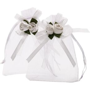SumDirect Rose Organza Gift Bags - 50Pcs 4x5 inch White Wedding Favor Gift Bags, Jewelry Pouches with Drawstring for Party Wedding Christmas Valentine in Kuwait