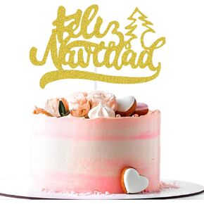 غلاف كعكة عيد الميلاد الأسبانية - ديكورات كعكة عيد الميلاد لعطلة الشتاء - ديكورات كعكة عيد الميلاد - أغطية كعكة فيليز نافيداد - لوازم زينة حفلات عيد الميلاد (بريق ذهبي) in Kuwait