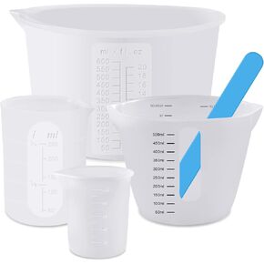 Silicone Resin Measuring Cups 4 Pcs 600ml & 500ml & 250ml & 100 ml Silicone Cups for Resin and 1 Pcs Silicone Stir Stick for Epoxy Resin Mixing, Molds, Jewelry Making, Waxing, Easy Clean in Kuwait