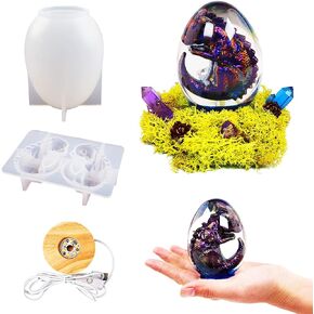 مجموعة قوالب راتنج الإيبوكسي بيضة التنين ، ديناصور البيض راتنج العفن سيليكون مع قاعدة مضيئة خشبية تعمل باليو إس بي ، قوالب التنين لصب الراتنج DIY فن الحرف مصباح سطح المكتب كريستال زين حزب ديكور المنزل in Kuwait