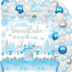 Sursurprise Snowflake Baby Shower Decorations, A Little Snowflake Is On The Way Backdrop Cake Topper Snowflake Balloon Garland Arch Kit Tablecloth Blue for Boys Winter Baby Shower Party Supplies