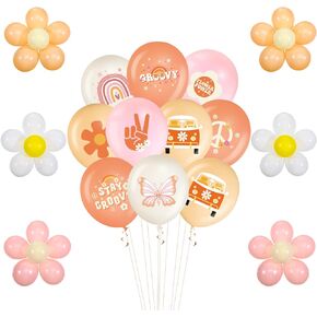 Hiboom 72 Pcs Groovy Retro Hippie Balloons Boho Daisy Party Balloons 12 Inch Rainbow Daisy Flower Butterfly Peace Sign Latex Balloons for Kids Girls Two Groovy Birthday Party Decoration Supply (Fresh)