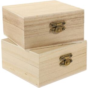 2 Pack Unfinished Wood Box, Rectangular Unfinished Wooden Box with Hinged Lid and Front Clasp Natural Wood Storage Boxes for Jewelry Container Sundries Case