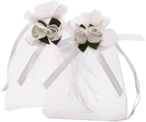 SumDirect Rose Organza Gift Bags - 50Pcs 4x5 inch White Wedding Favor Gift Bags, Jewelry Pouches with Drawstring for Party Wedding Christmas Valentine in Kuwait