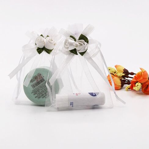 SumDirect Rose Organza Gift Bags - 50Pcs 4x5 inch White Wedding Favor Gift Bags, Jewelry Pouches with Drawstring for Party Wedding Christmas Valentine in Kuwait
