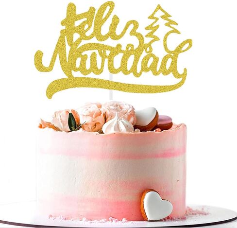غلاف كعكة عيد الميلاد الأسبانية - ديكورات كعكة عيد الميلاد لعطلة الشتاء - ديكورات كعكة عيد الميلاد - أغطية كعكة فيليز نافيداد - لوازم زينة حفلات عيد الميلاد (بريق ذهبي) in Kuwait